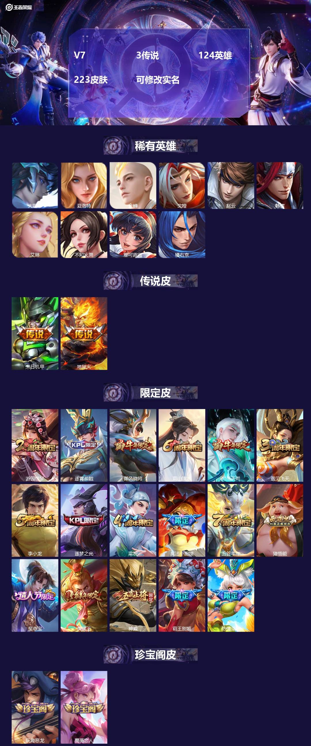 王者荣耀账号安卓QQ[13738687]V7 3传说 124英雄 223皮肤 可修改实名 
【英雄全皮】:猪八戒全皮
【