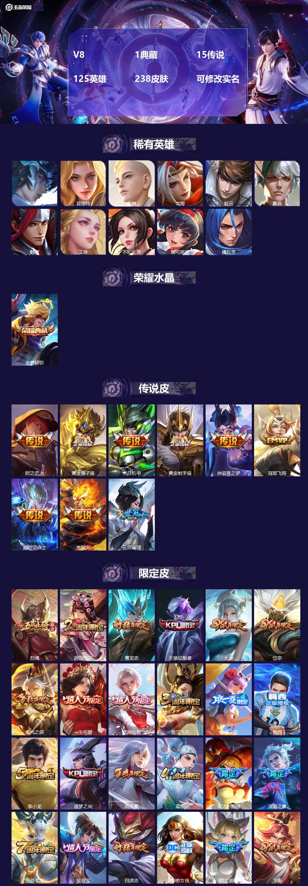 王者荣耀账号安卓QQ[13738890]V8 1典藏 15传说 125英雄 238皮肤 可修改实名 
【稀有英雄】:大司