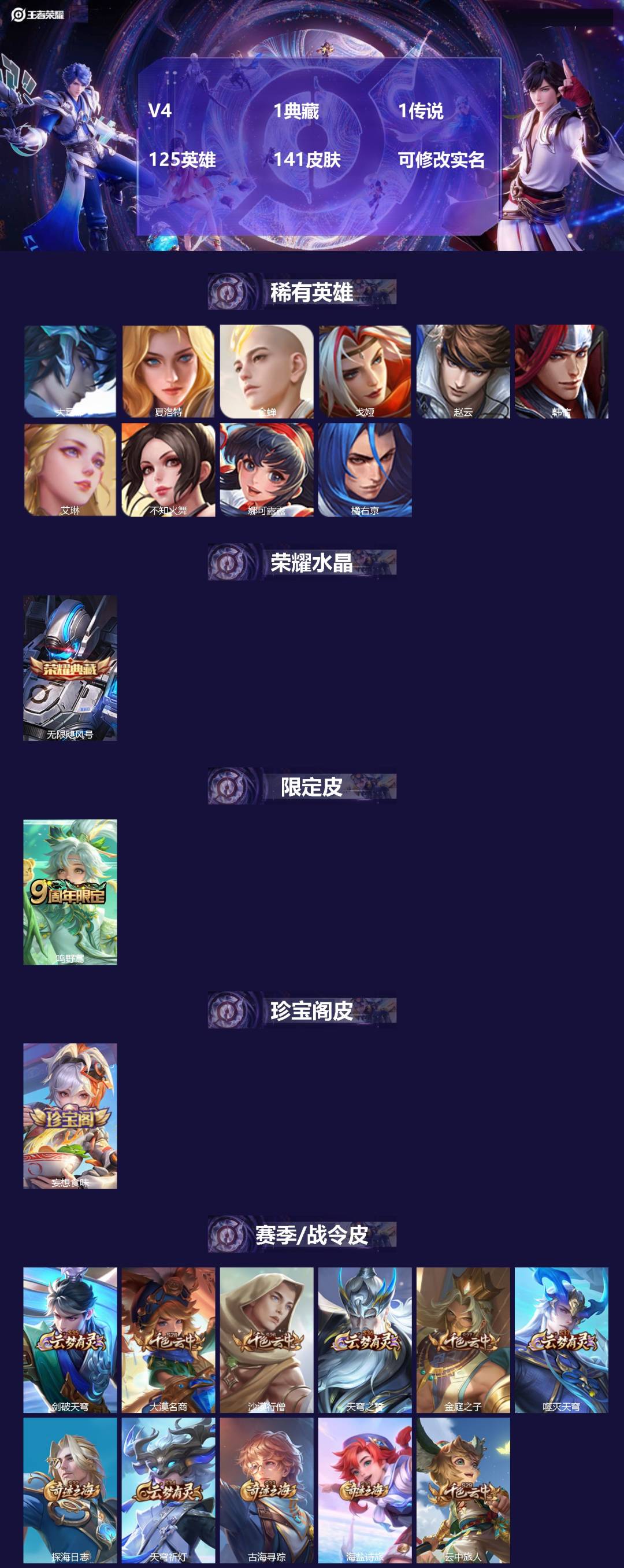 王者荣耀账号安卓QQ125英雄-141皮肤-V4 1典藏 1传说 125英雄 141皮肤 可修改实名 
【稀有英雄】:大