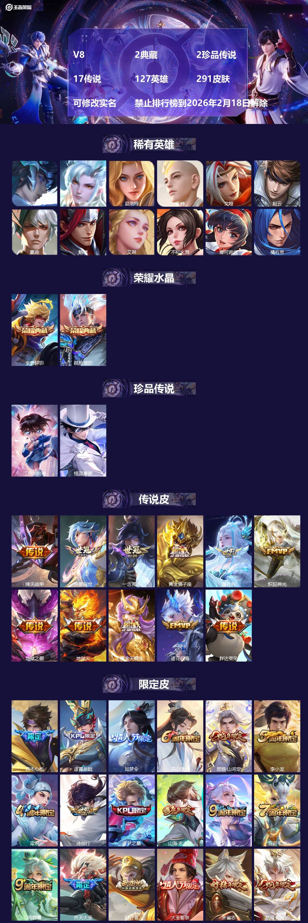 王者荣耀账号安卓QQV8 2典藏 2珍品传说 17传说 127英雄 291皮肤 可修改实名 禁止排行榜到2026年2月1
