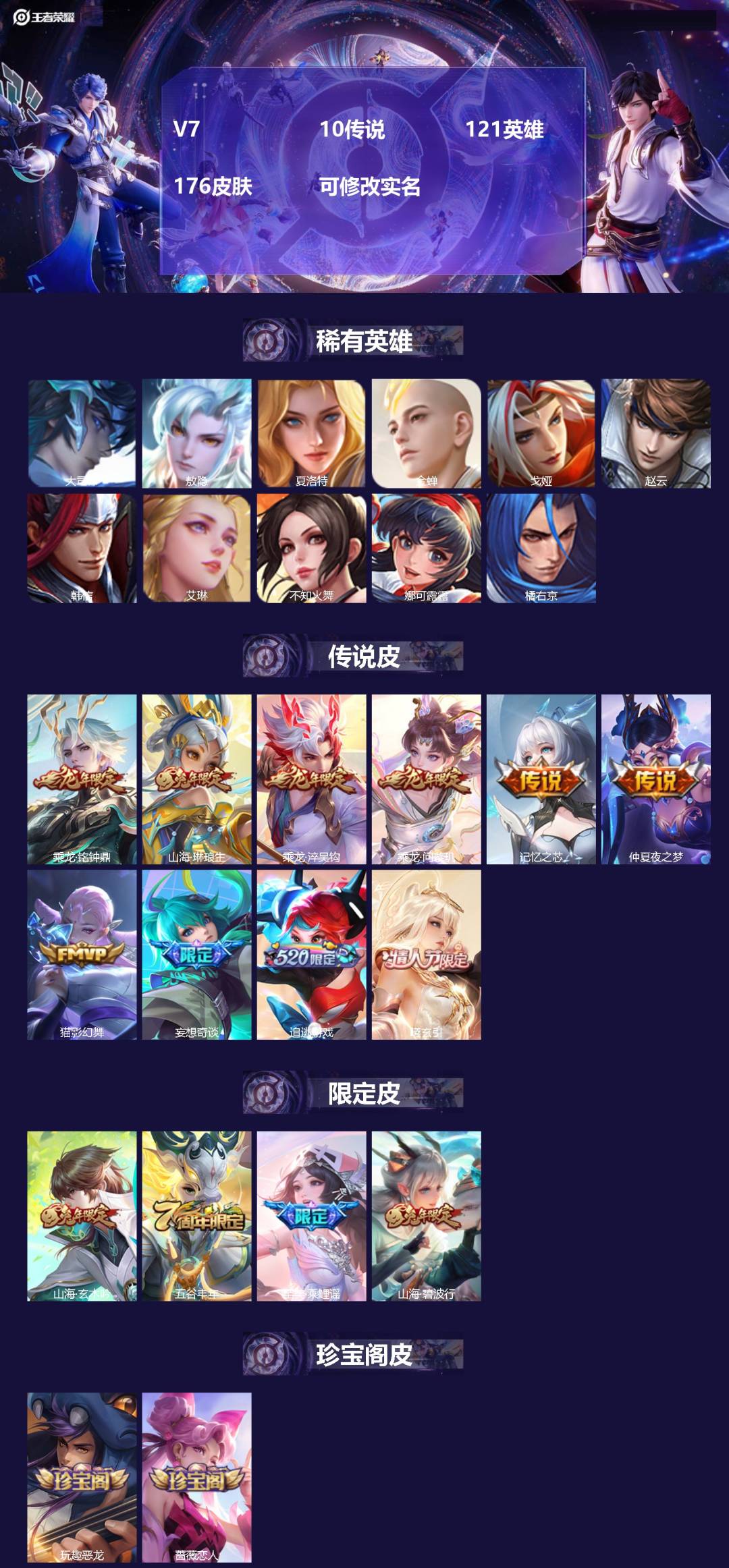 王者荣耀账号苹果QQ[13770484]V7 10传说 121英雄 176皮肤 可修改实名 
【稀有英雄】:敖隐(小龙人