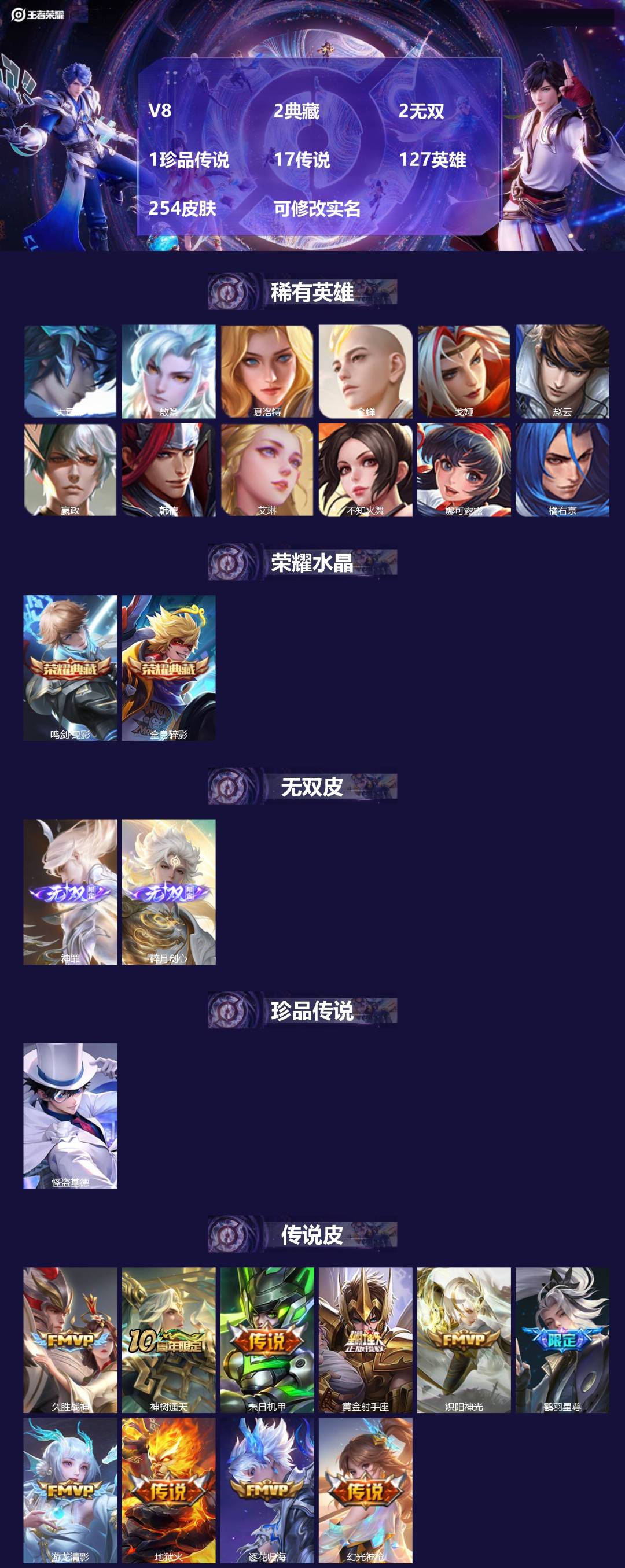 王者荣耀账号苹果QQV8 2典藏 2无双 1珍品传说 17传说 127英雄 254皮肤 可修改实名 
【英雄全皮】:影全