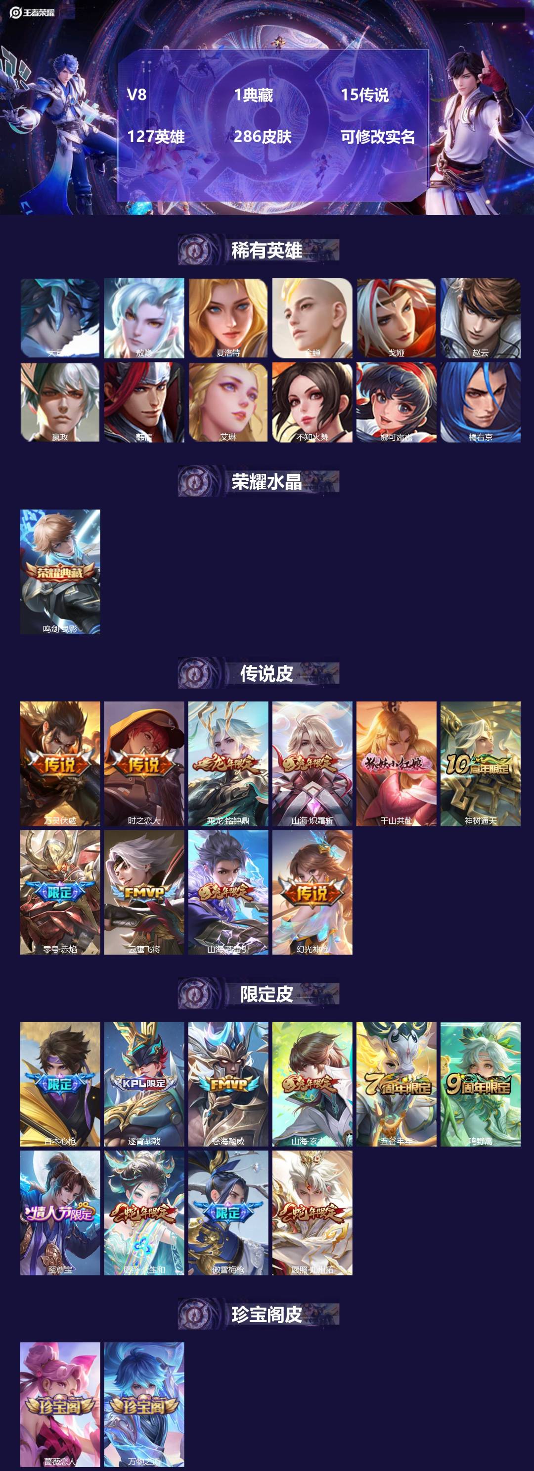 王者荣耀账号安卓QQV8 1典藏 15传说 127英雄 286皮肤 可修改实名 
【英雄全皮】:影全皮,戈娅全皮
【稀有