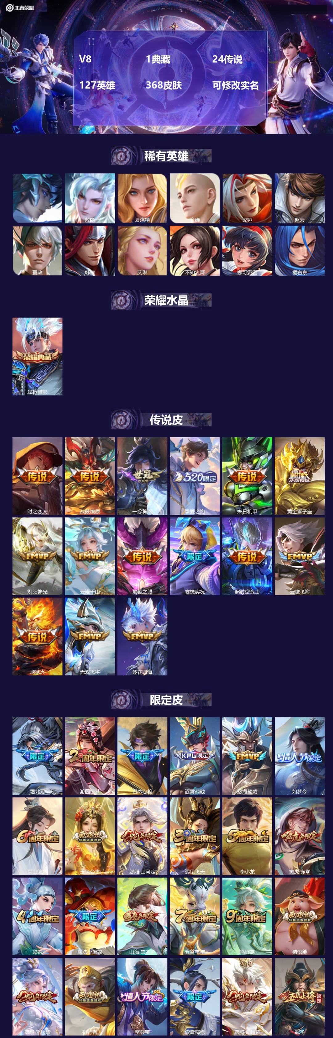 王者荣耀账号苹果QQV8 1典藏 24传说 127英雄 368皮肤 可修改实名 
【英雄全皮】:司空震全皮,鬼谷子全皮,