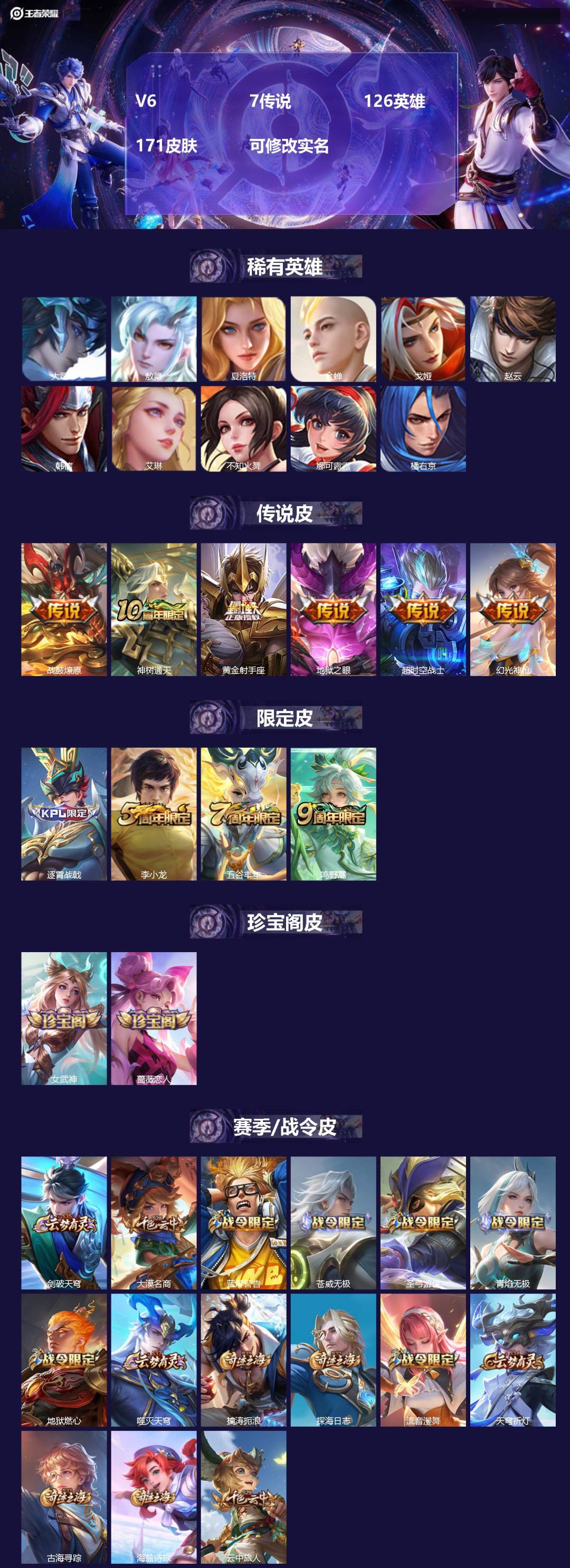 王者荣耀账号安卓QQ[13783829]V6 7传说 126英雄 171皮肤 可修改实名 
【稀有英雄】:敖隐(小龙人)