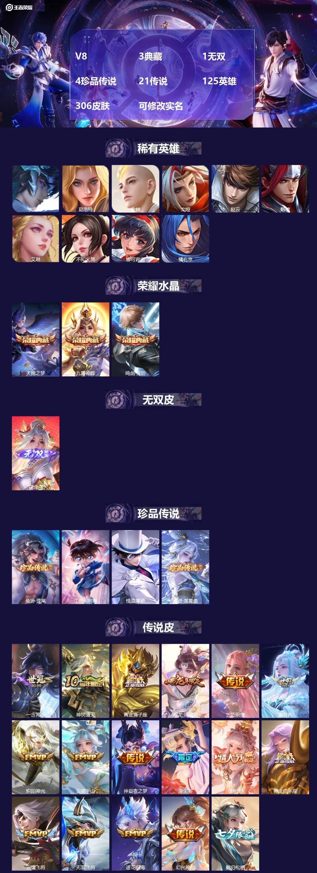 王者荣耀账号安卓QQV8 3典藏 1无双 4珍品传说 21传说 125英雄 306皮肤 可修改实名 
【英雄全皮】:夏洛