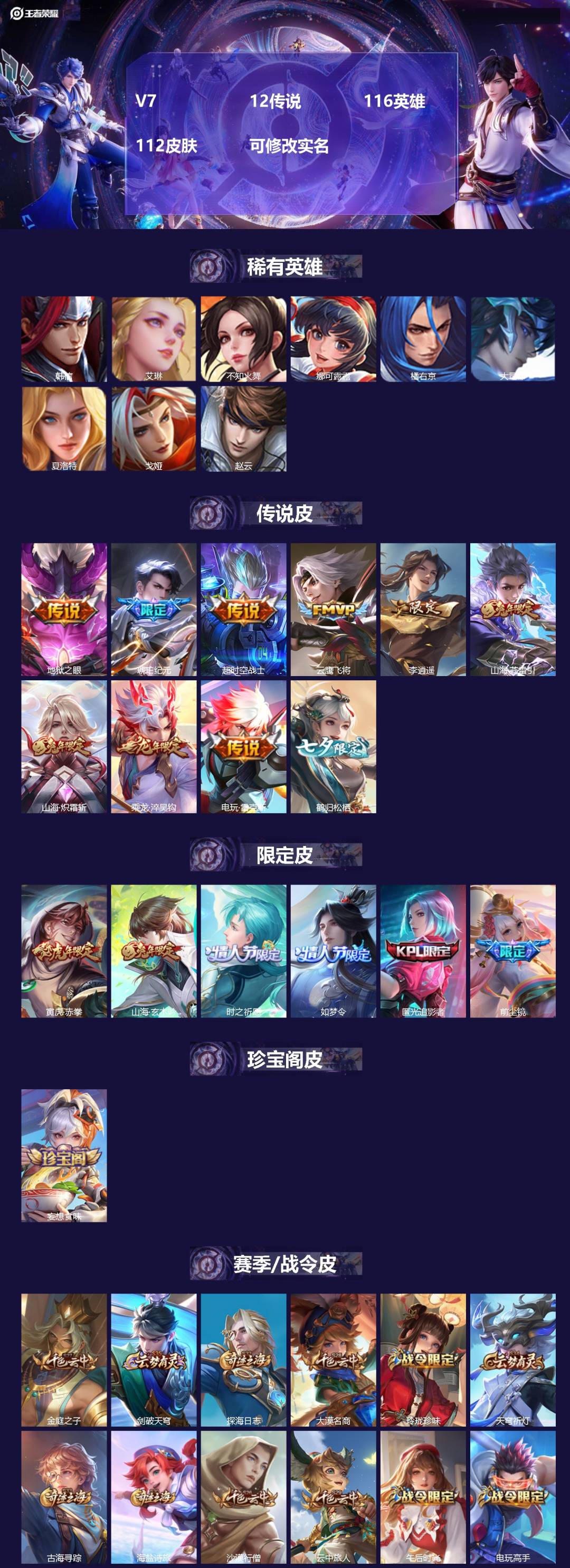 王者荣耀账号安卓QQV7 12传说 116英雄 112皮肤 可修改实名 
【稀有英雄】:大司命,韩信(韩跳跳),夏洛特(