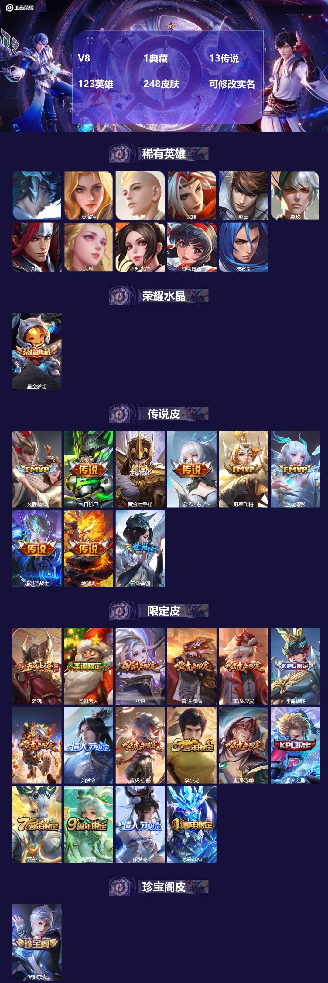 王者荣耀账号苹果QQV8 1典藏 13传说 123英雄 248皮肤 可修改实名 
【英雄全皮】:影全皮
【稀有英雄】:大