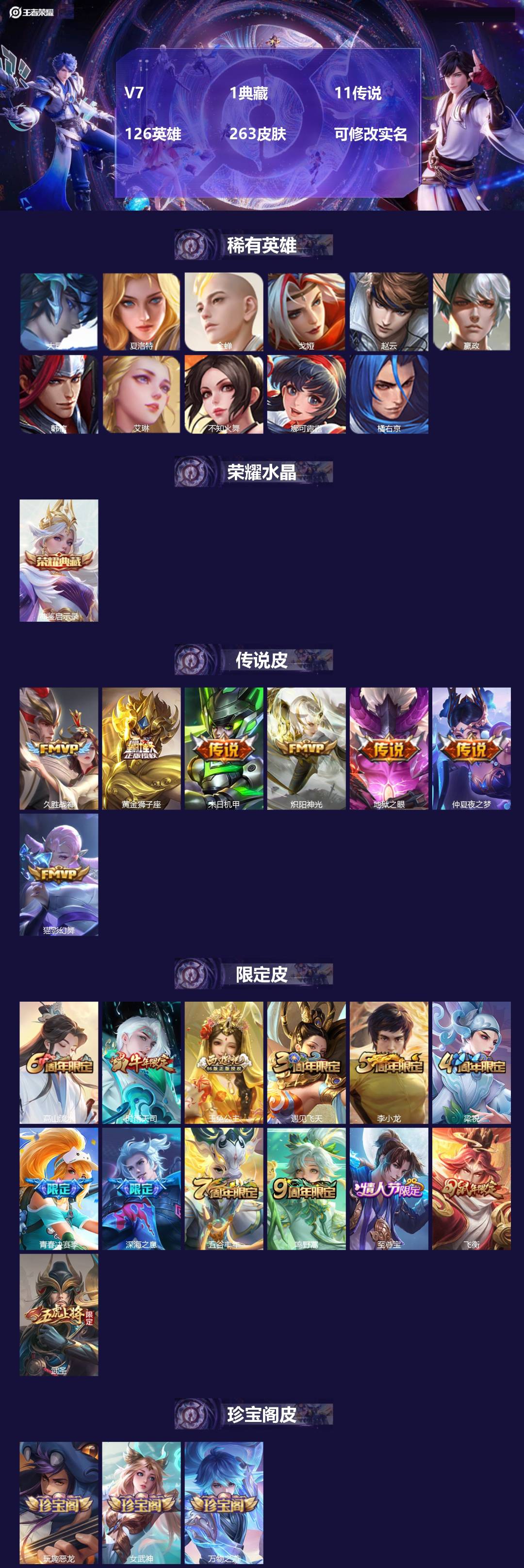 王者荣耀账号苹果QQ126英雄-263皮肤-[]V7 1典藏 11传说 126英雄 263皮肤 可修改实名 
【英雄全皮