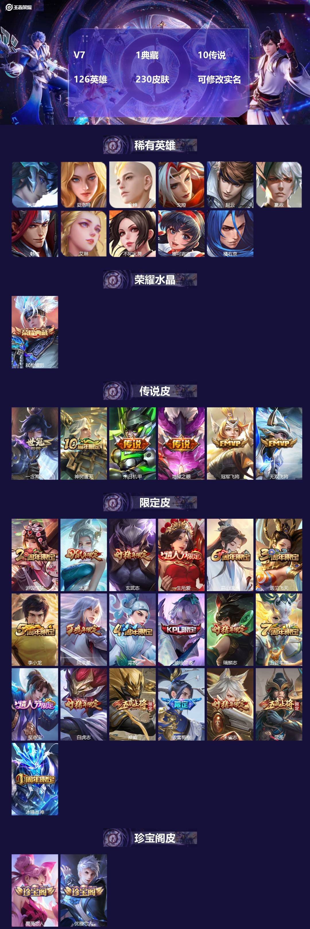 王者荣耀账号苹果QQ[13867700]V7 1典藏 10传说 126英雄 230皮肤 可修改实名 
【稀有英雄】:大司