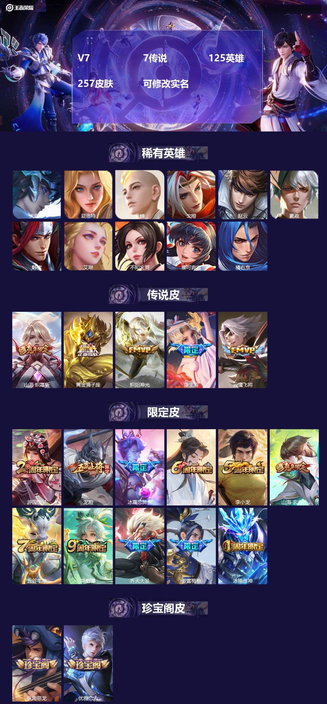 王者荣耀账号安卓QQ[13868841]V7 7传说 125英雄 257皮肤 可修改实名 
【稀有英雄】:大司命,嬴政(