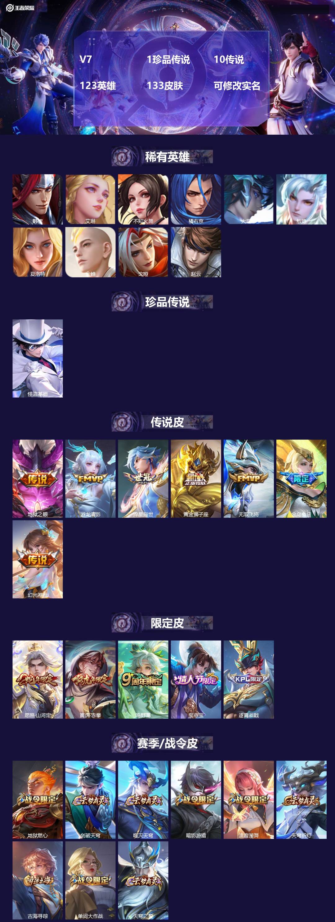 王者荣耀账号安卓QQ[13870629]V7 1珍品传说 10传说 123英雄 133皮肤 可修改实名 
【英雄全皮】: