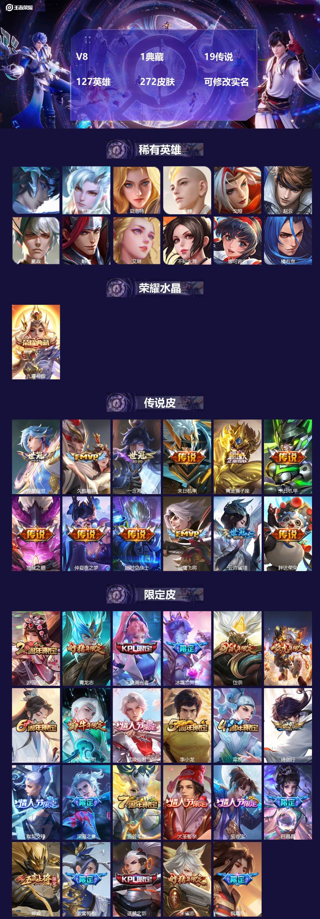 王者荣耀账号苹果QQ127英雄-272皮肤-[]V8 1典藏 19传说 127英雄 272皮肤 可修改实名 
【稀有英雄