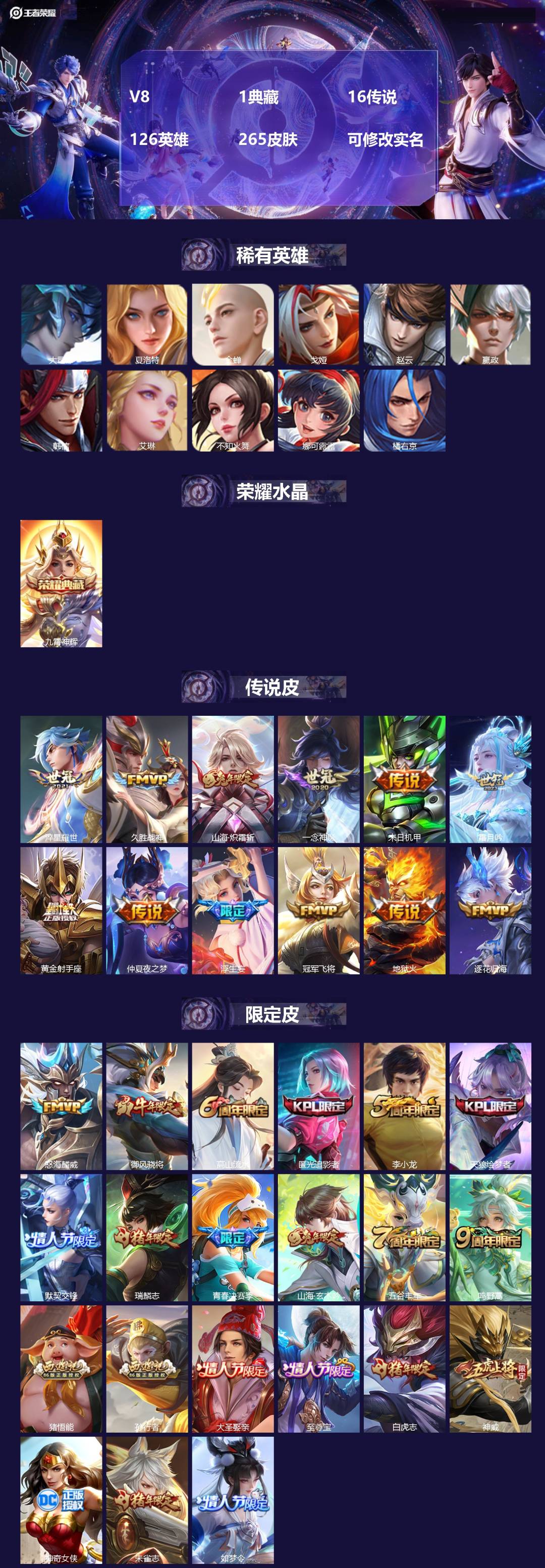 王者荣耀账号苹果QQ126英雄-265皮肤-[]V8 1典藏 16传说 126英雄 265皮肤 可修改实名 
【英雄全皮