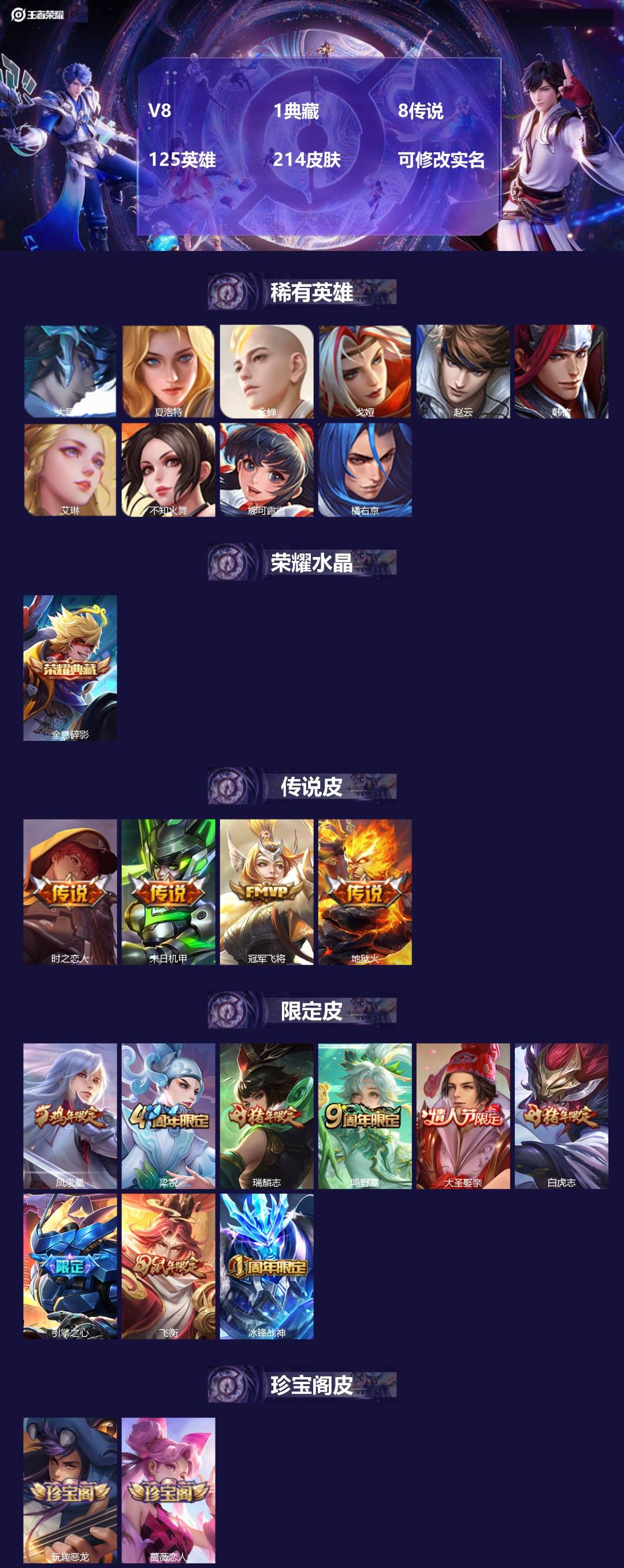 王者荣耀账号安卓QQ125英雄-214皮肤-[]V8 1典藏 8传说 125英雄 214皮肤 可修改实名 
【稀有英雄】