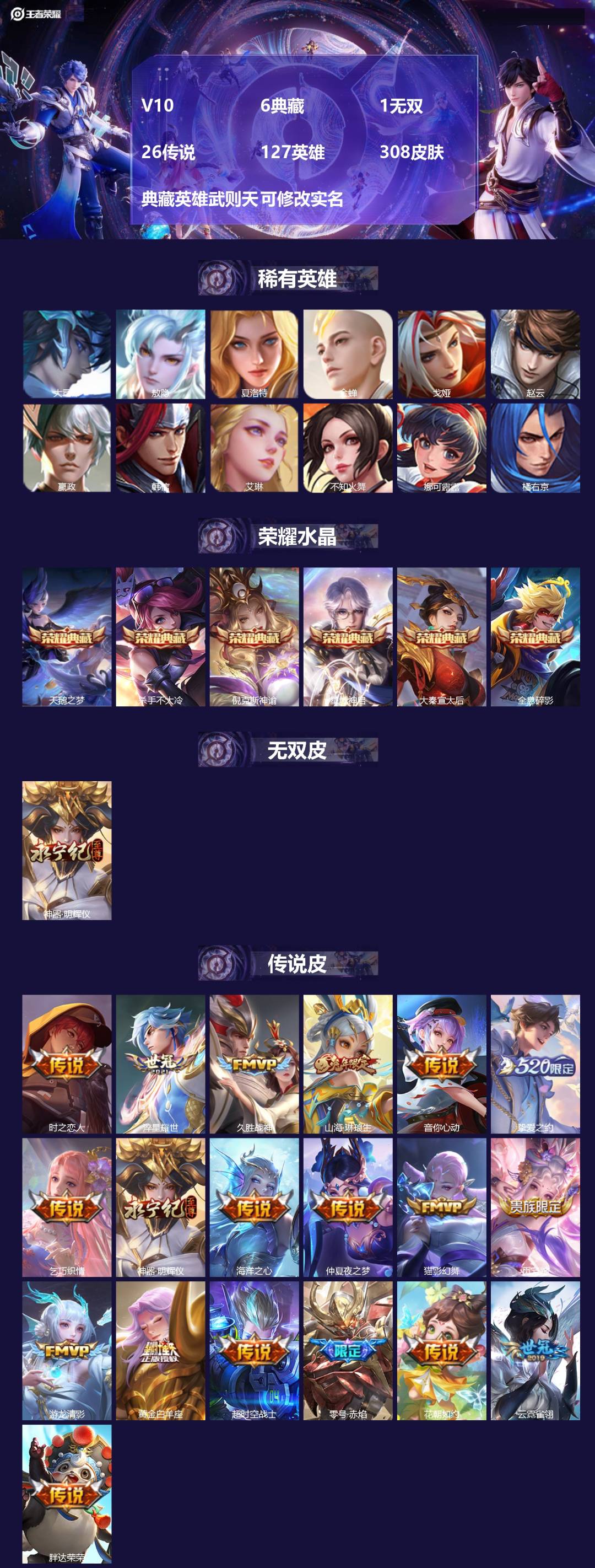 王者荣耀账号安卓QQ[13900281]V10 6典藏 1无双 26传说 127英雄 308皮肤 典藏英雄武则天 可修改
