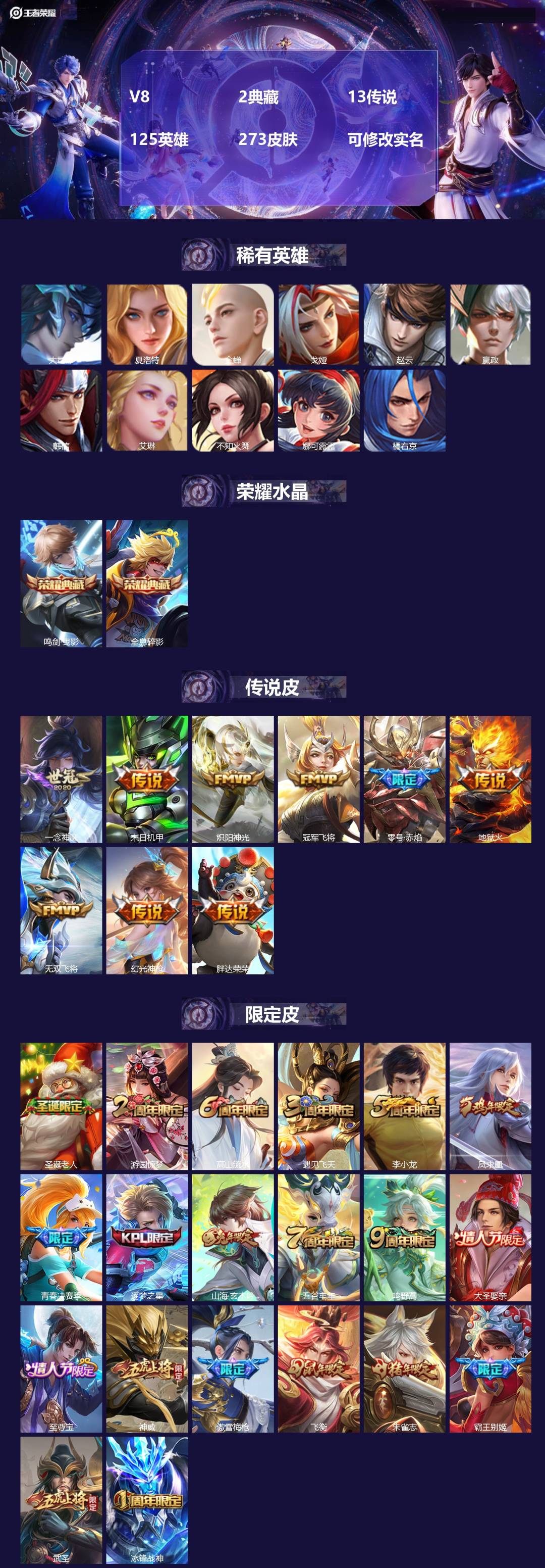 王者荣耀账号苹果QQ[13933996]V8 2典藏 13传说 125英雄 273皮肤 可修改实名 
【稀有英雄】:大司