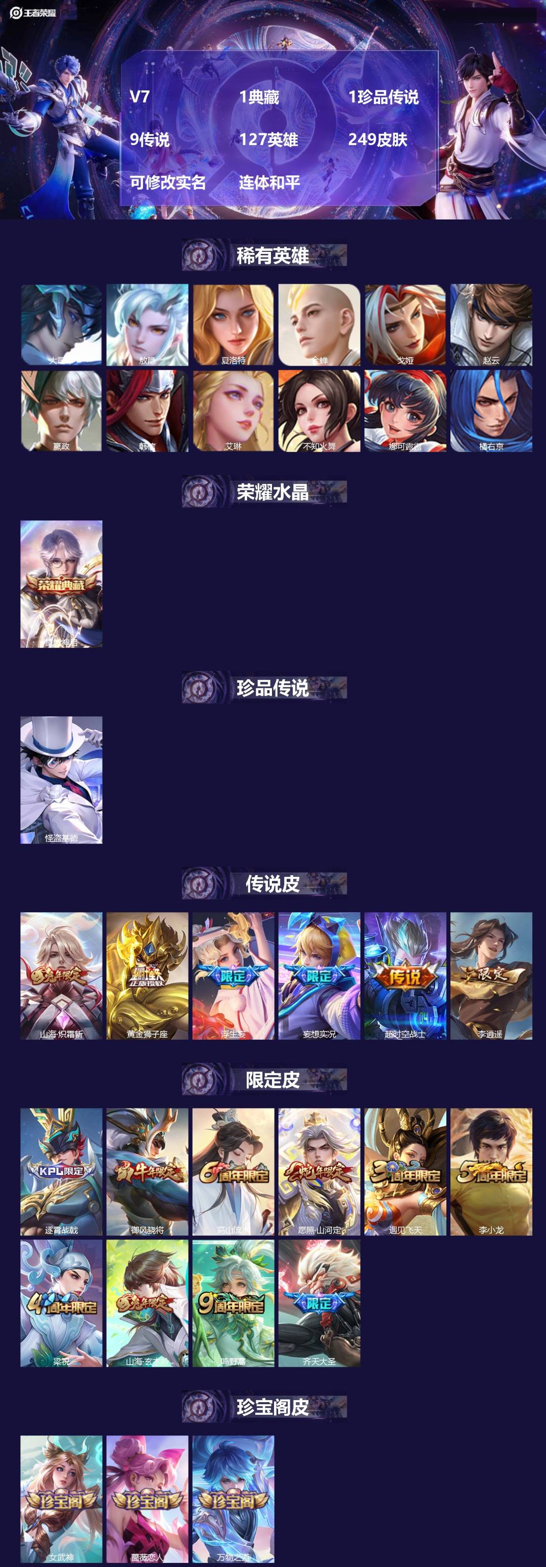 王者荣耀账号安卓QQ[13954317]V7 1典藏 1珍品传说 9传说 127英雄 249皮肤 可修改实名 连体和平
