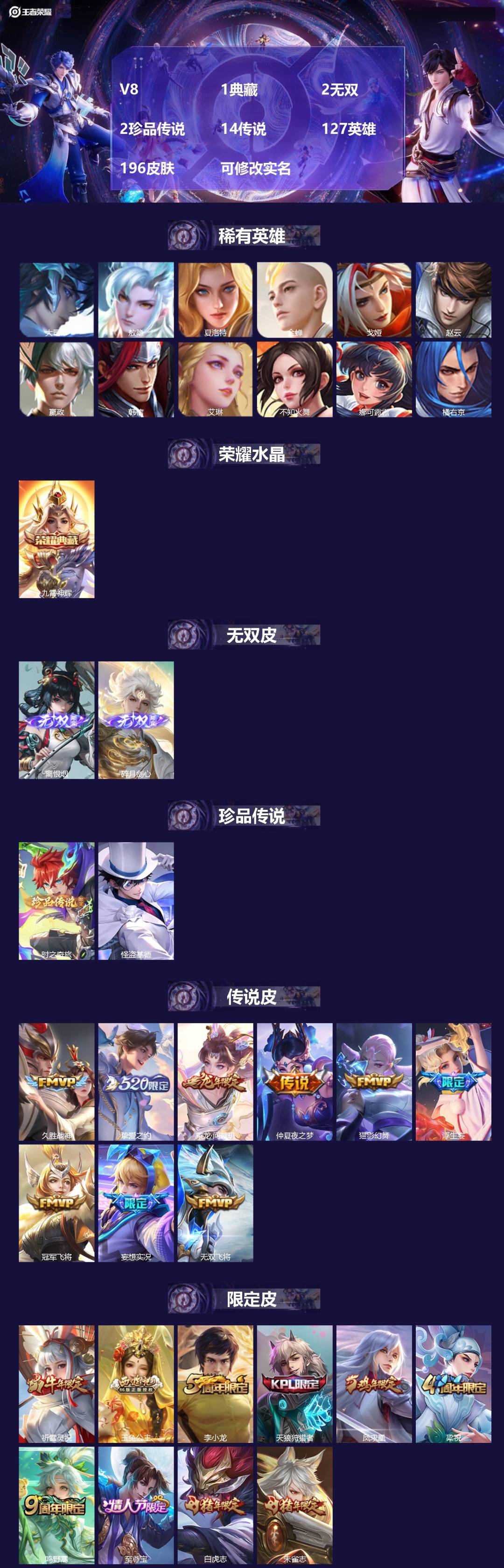 王者荣耀账号苹果QQ[13962205]V8 1典藏 2无双 2珍品传说 14传说 127英雄 196皮肤 可修改实名 