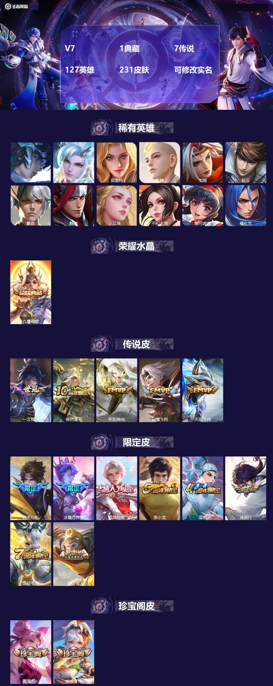 王者荣耀账号苹果QQ127英雄-231皮肤-[]V7 1典藏 7传说 127英雄 231皮肤 可修改实名 
【英雄全皮】