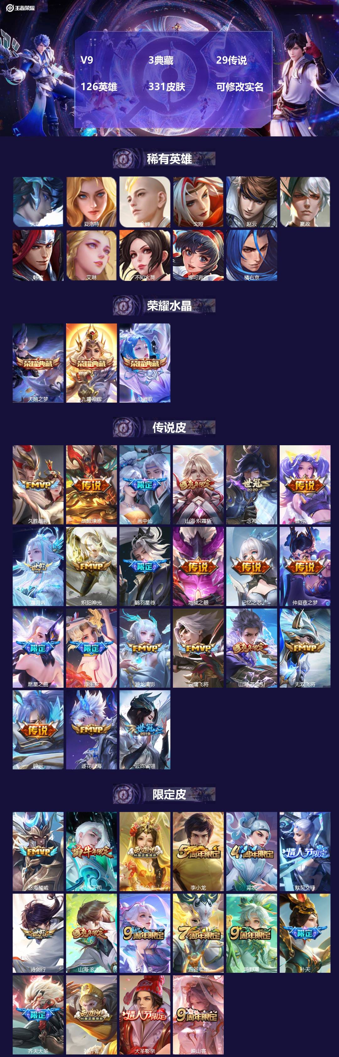 王者荣耀账号安卓QQ[13966721]V9 3典藏 29传说 126英雄 331皮肤 可修改实名 
【英雄全皮】:李信