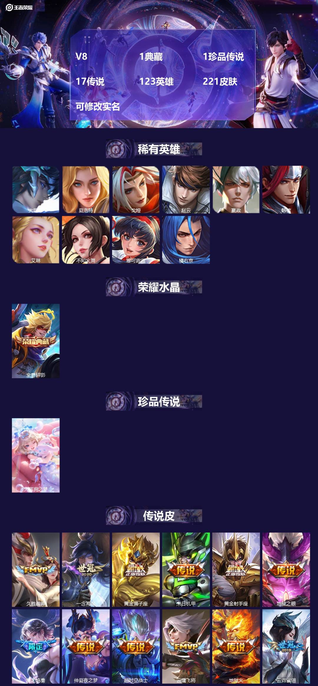 王者荣耀账号安卓QQ[13966831]V8 1典藏 1珍品传说 17传说 123英雄 221皮肤 可修改实名 
【稀有