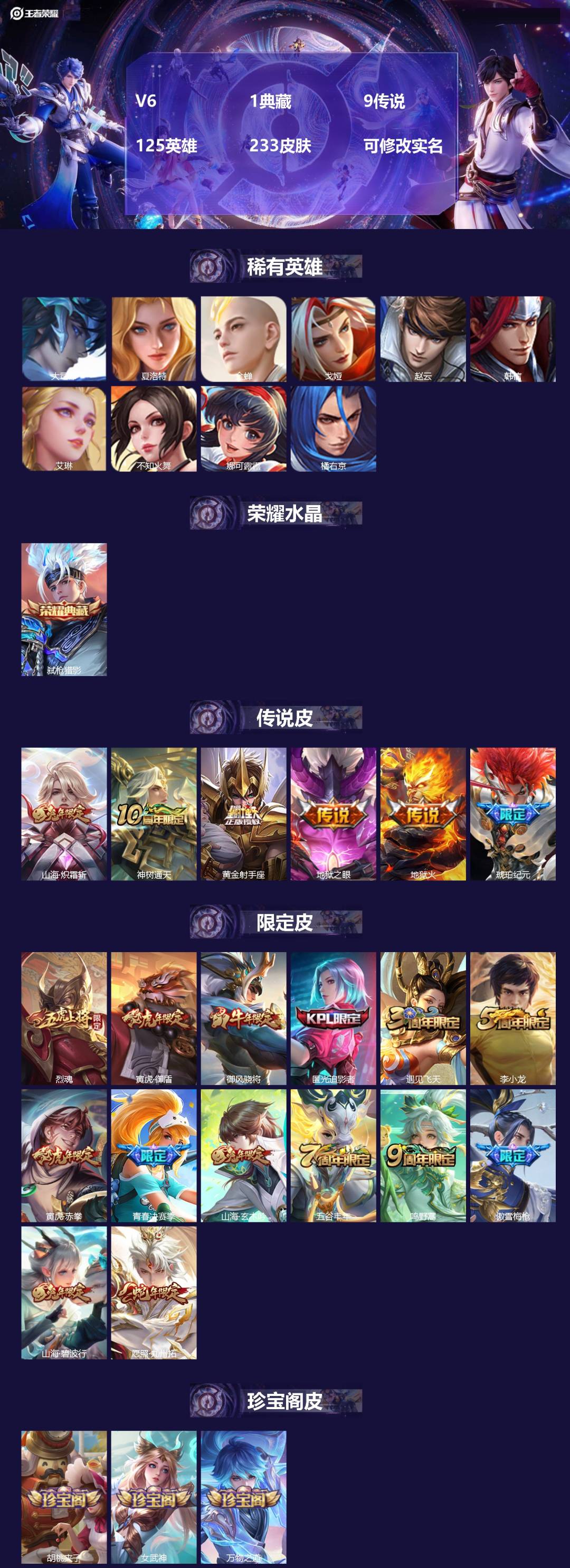 王者荣耀账号苹果QQV6 1典藏 9传说 125英雄 233皮肤 可修改实名 
【英雄全皮】:鬼谷子全皮
【稀有英雄】: