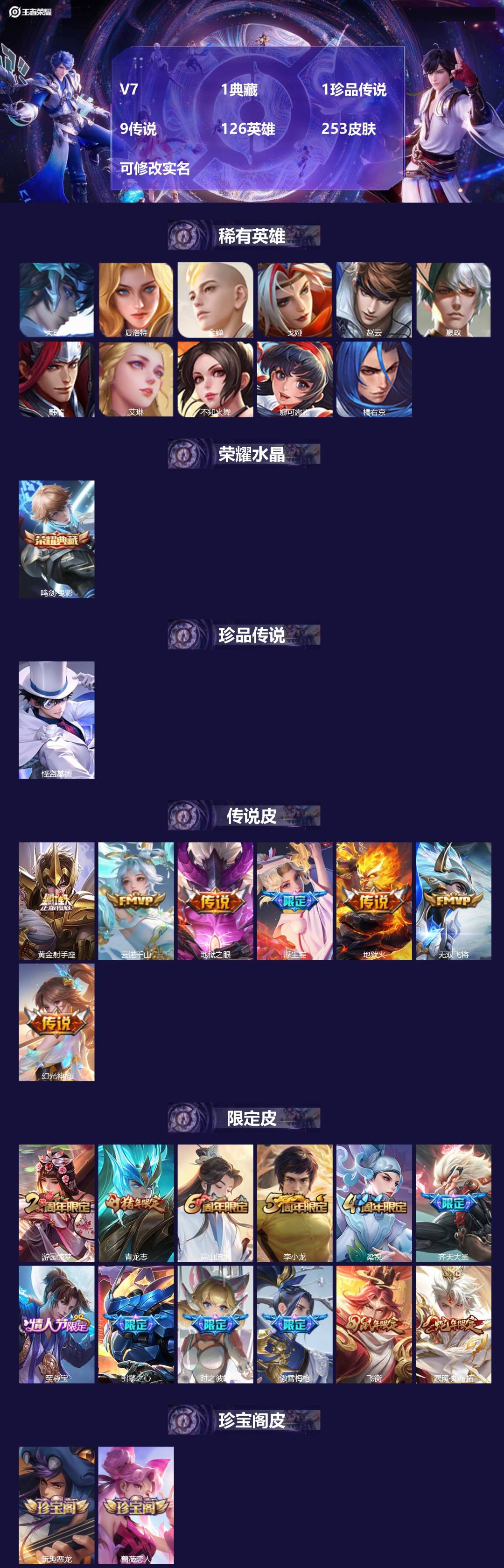 王者荣耀账号苹果QQV7 1典藏 1珍品传说 9传说 126英雄 253皮肤 可修改实名 
【英雄全皮】:影全皮
【稀有