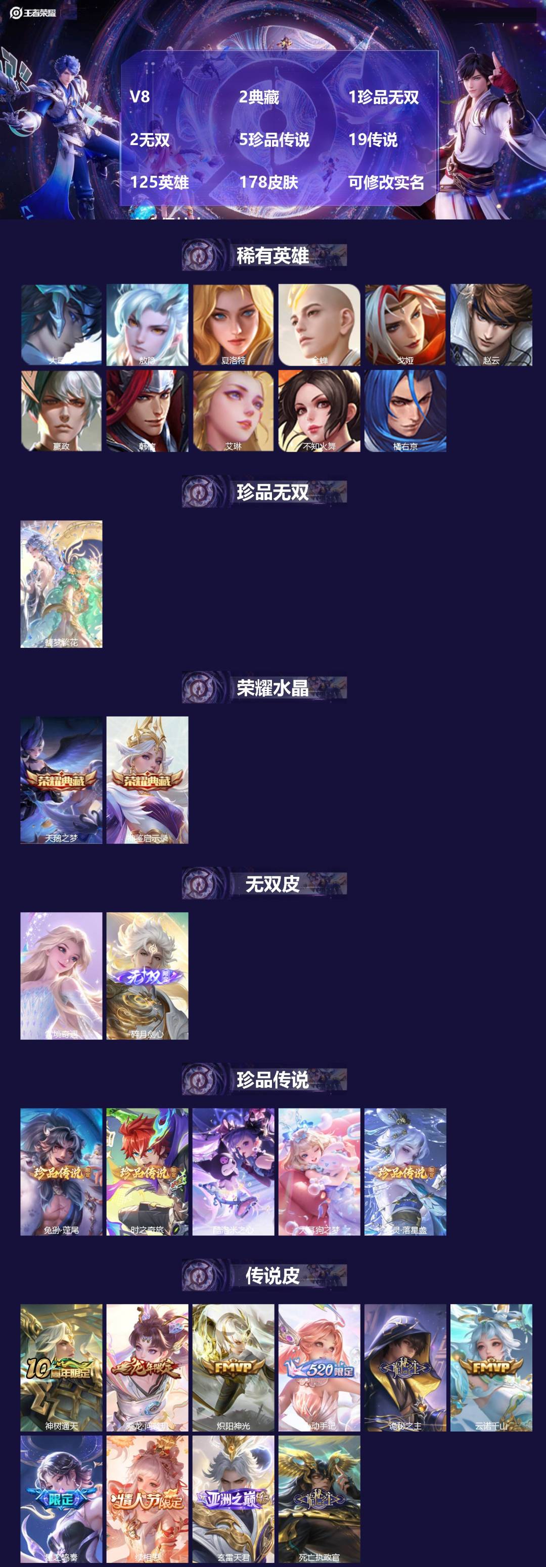 王者荣耀账号安卓VXV8 2典藏 1珍品无双 2无双 5珍品传说 19传说 125英雄 178皮肤 可修改实名 安全保护