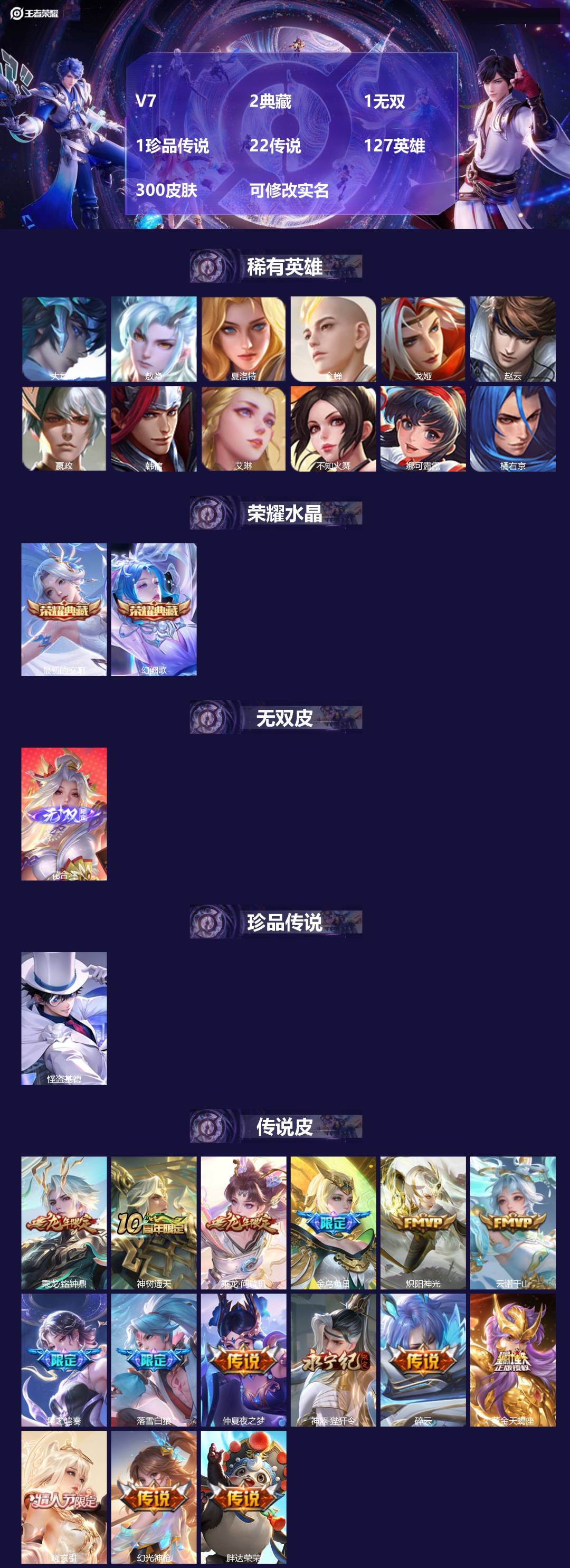 王者荣耀账号安卓QQV7 2典藏 1无双 1珍品传说 22传说 127英雄 300皮肤 可修改实名 
【英雄全皮】:司空