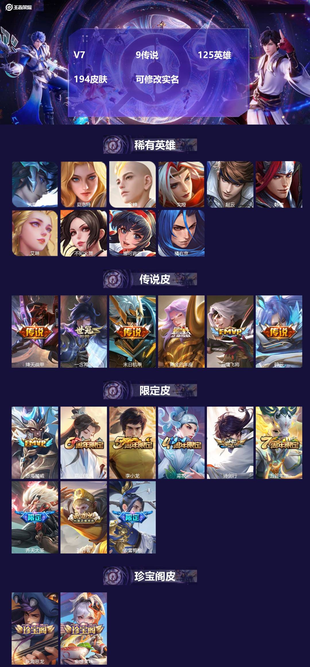王者荣耀账号安卓QQV7 9传说 125英雄 194皮肤 可修改实名 
【稀有英雄】:大司命,韩信(韩跳跳),夏洛特(夏