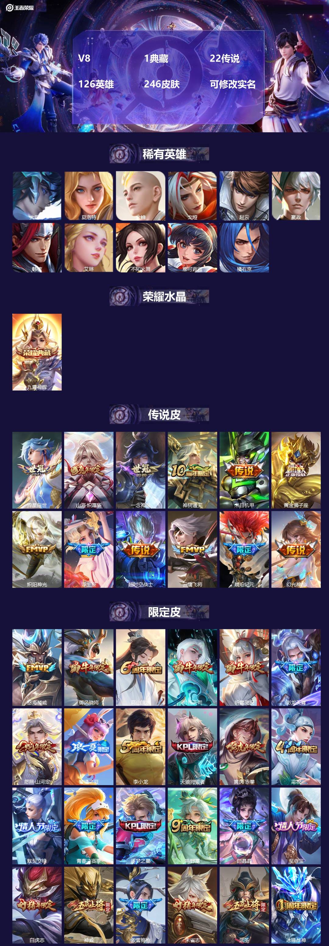 王者荣耀账号苹果QQV8 1典藏 22传说 126英雄 246皮肤 可修改实名 
【英雄全皮】:李信全皮
【稀有英雄】: