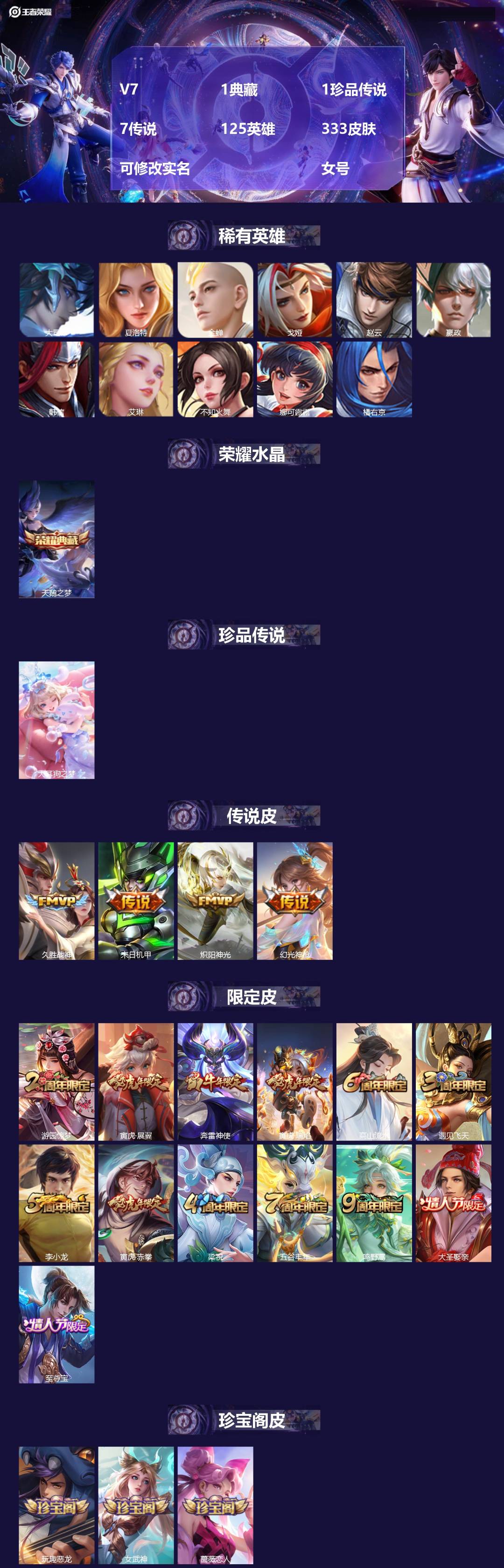 王者荣耀账号安卓QQ[13998594]V7 1典藏 1珍品传说 7传说 125英雄 333皮肤 可修改实名  女号
【