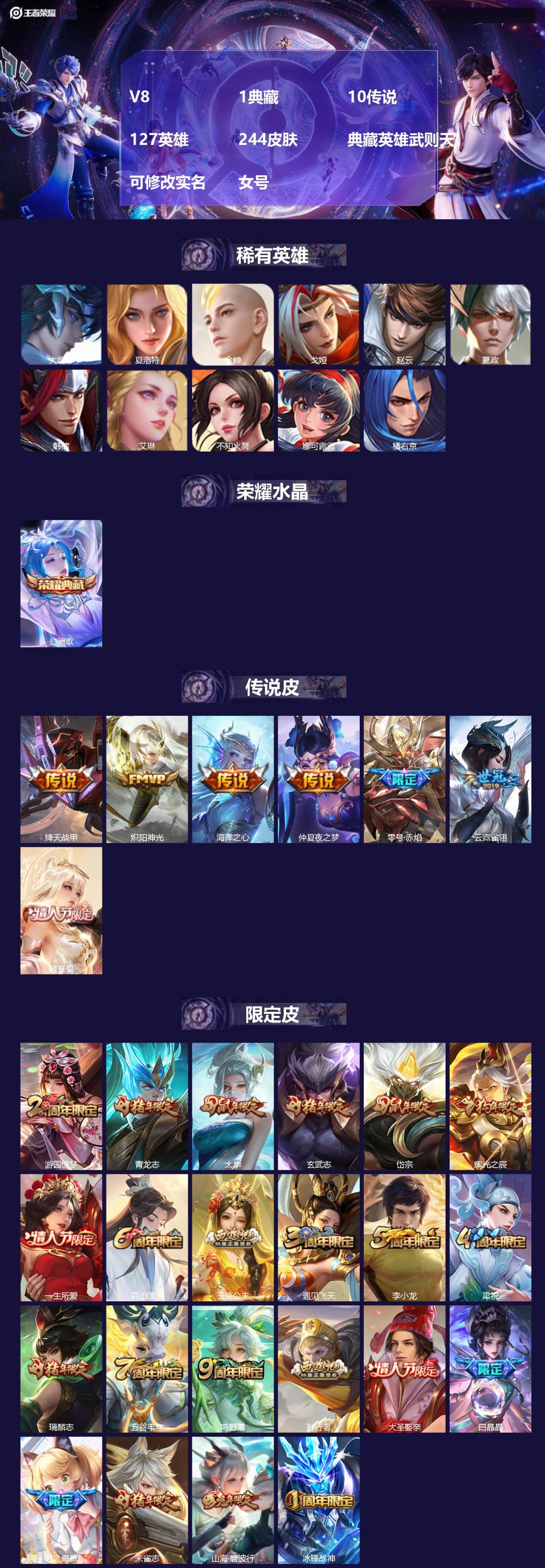 王者荣耀账号安卓QQ[13998599]V8 1典藏 10传说 127英雄 244皮肤 典藏英雄武则天 可修改实名 女号