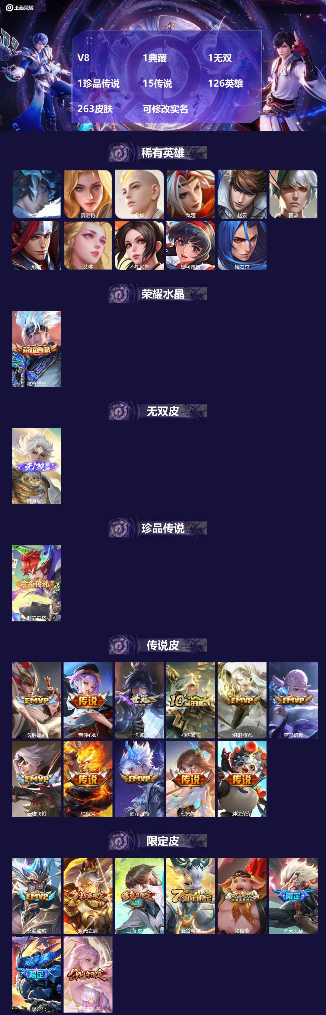 王者荣耀账号苹果QQV8 1典藏 1无双 1珍品传说 15传说 126英雄 263皮肤 可修改实名 
【英雄全皮】:影全