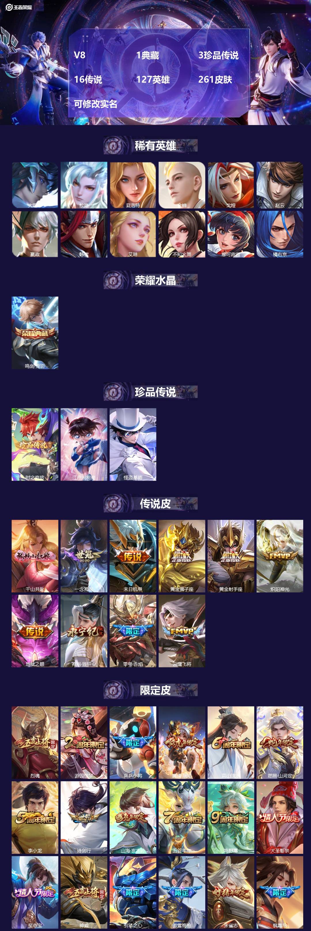 王者荣耀账号安卓QQV8 1典藏 3珍品传说 16传说 127英雄 261皮肤 可修改实名 
【稀有英雄】:敖隐(小龙人