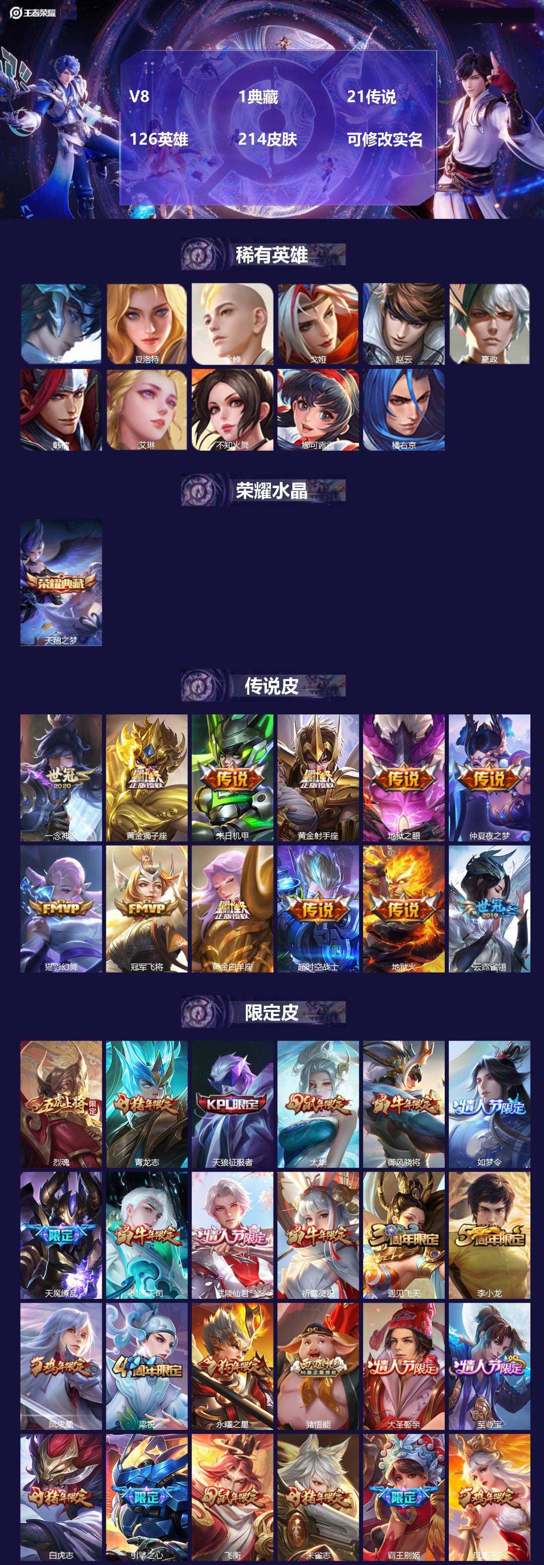 王者荣耀账号苹果QQV8 1典藏 21传说 126英雄 214皮肤 可修改实名 
【英雄全皮】:猪八戒全皮
【稀有英雄】