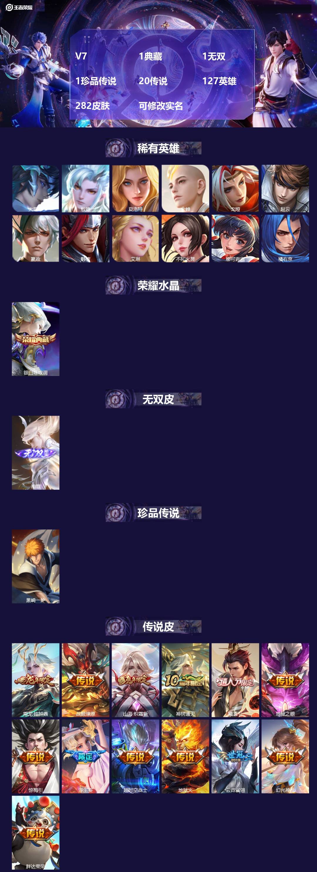 王者荣耀账号安卓QQ[14010335]V7 1典藏 1无双 1珍品传说 20传说 127英雄 282皮肤 可修改实名 