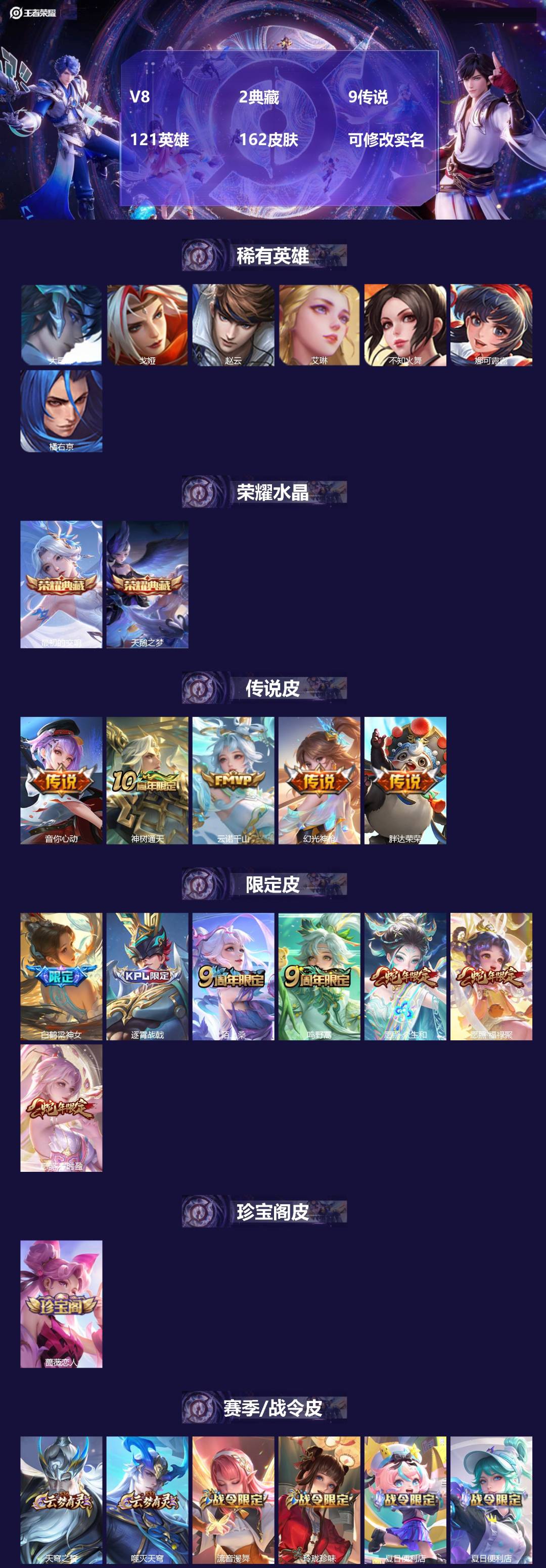 王者荣耀账号安卓QQ[14017393]V8 2典藏 9传说 121英雄 162皮肤 可修改实名 
【英雄全皮】:空空儿