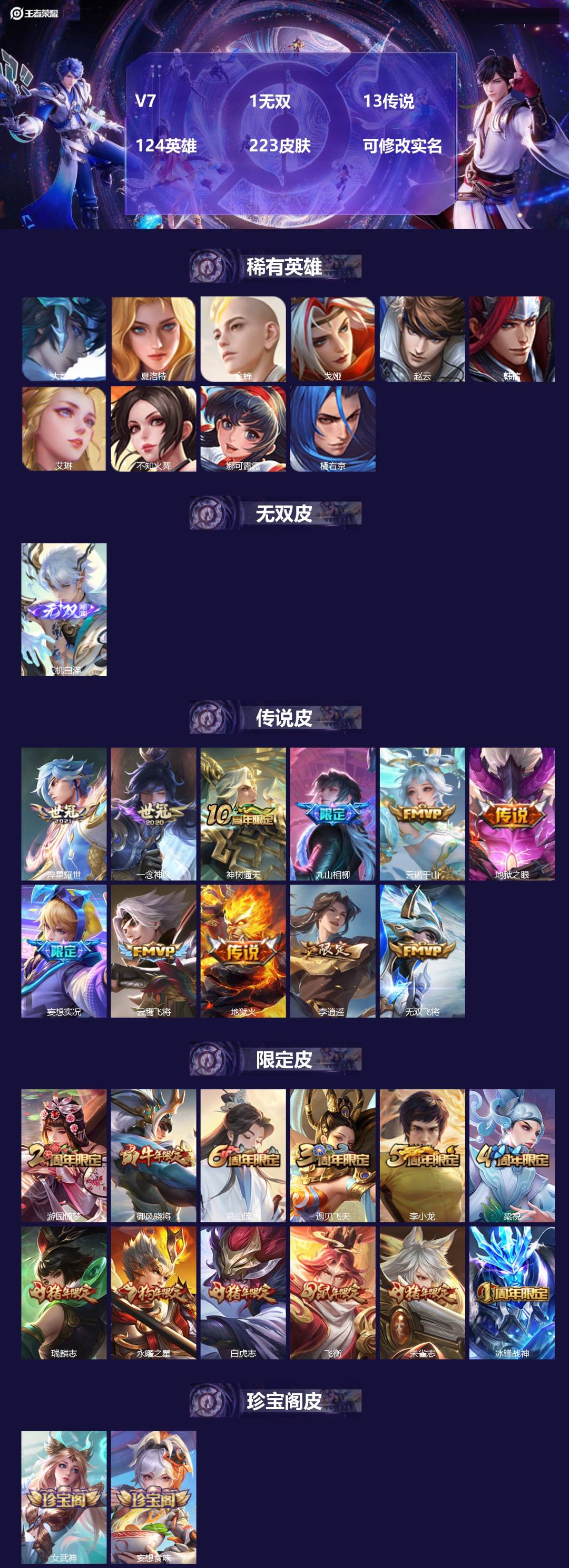 王者荣耀账号安卓QQ124英雄-223皮肤-[]V7 1无双 13传说 124英雄 223皮肤 可修改实名 
【稀有英雄