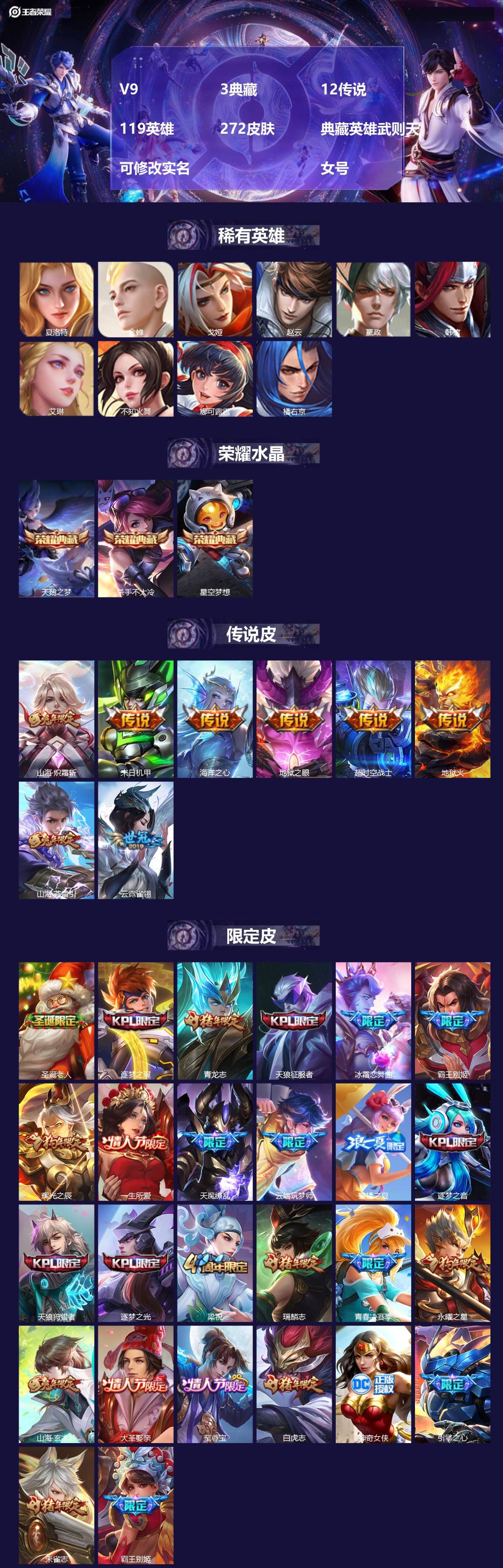 王者荣耀账号安卓QQ[14020341]V9 3典藏 12传说 119英雄 272皮肤 典藏英雄武则天 可修改实名  女