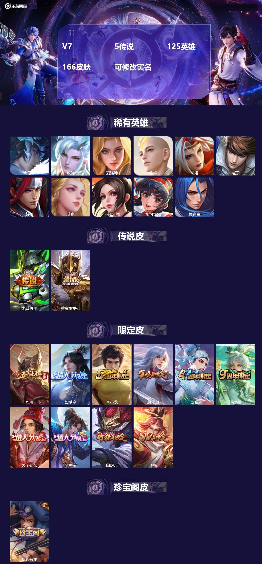王者荣耀账号苹果QQV7 5传说 125英雄 166皮肤 可修改实名 
【英雄全皮】:影全皮
【稀有英雄】:敖隐(小龙人