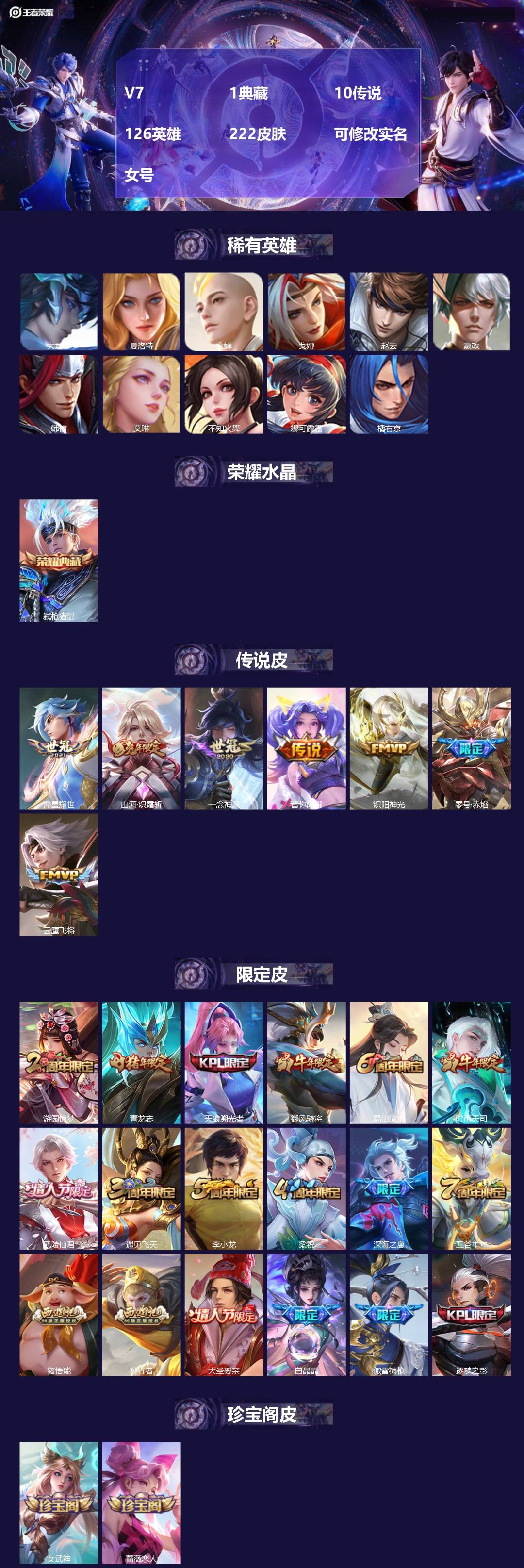 王者荣耀账号安卓QQ[14027420]V7 1典藏 10传说 126英雄 222皮肤 可修改实名 女号
【英雄全皮】: