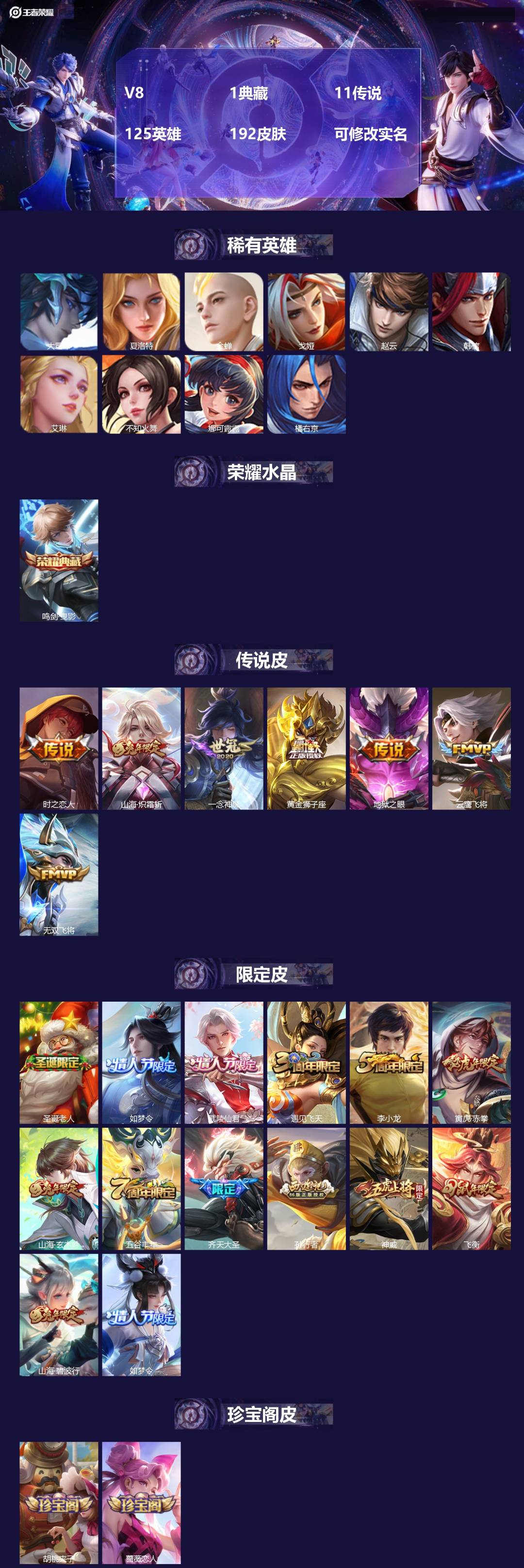 王者荣耀账号安卓QQ[14027823]V8 1典藏 11传说 125英雄 192皮肤 可修改实名 
【英雄全皮】:李信