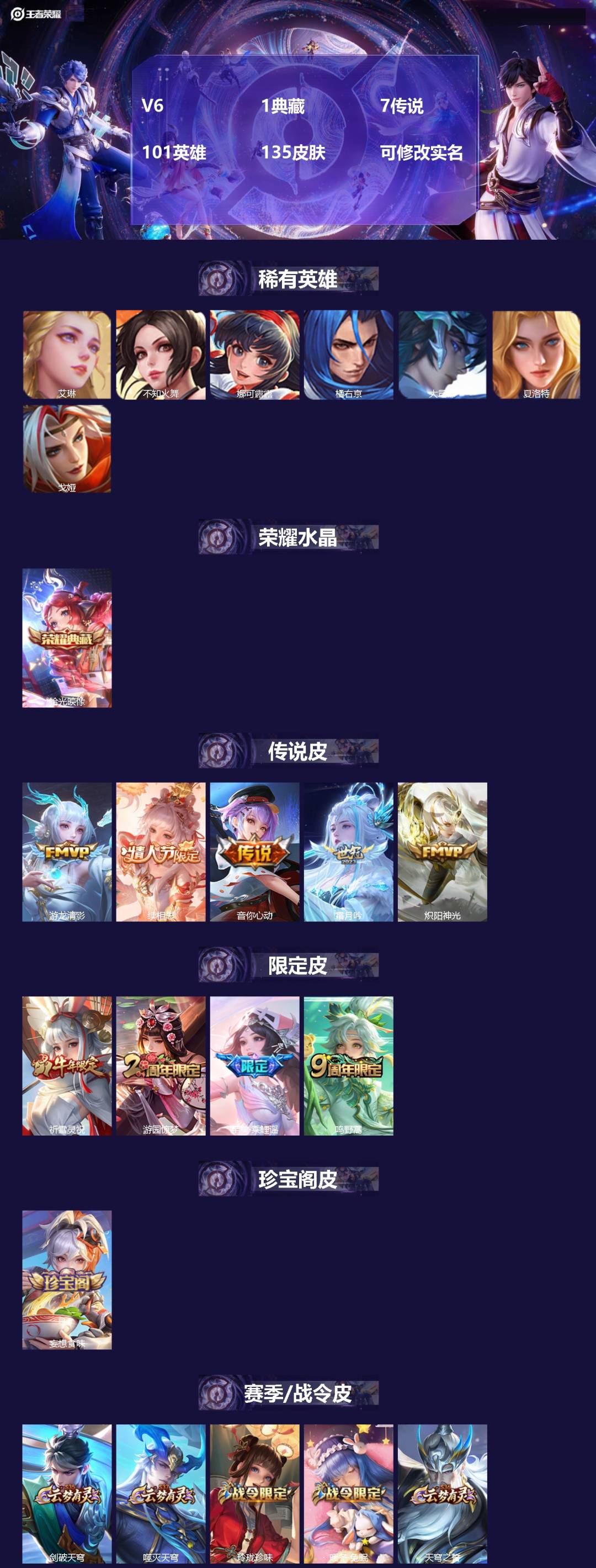 王者荣耀账号安卓QQV6 1典藏 7传说 101英雄 135皮肤 可修改实名 
【稀有英雄】:大司命,夏洛特(夏师傅),