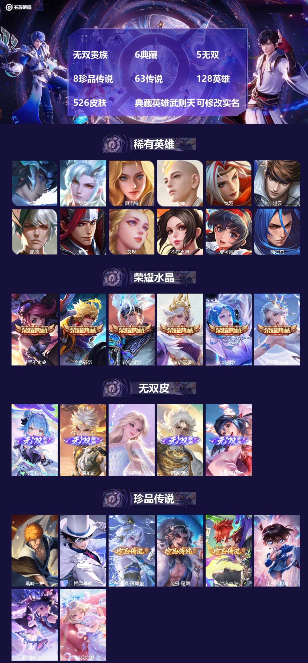 王者荣耀账号安卓QQ[14028523]无双贵族 6典藏 5无双 8珍品传说 63传说 128英雄 526皮肤 典藏英雄