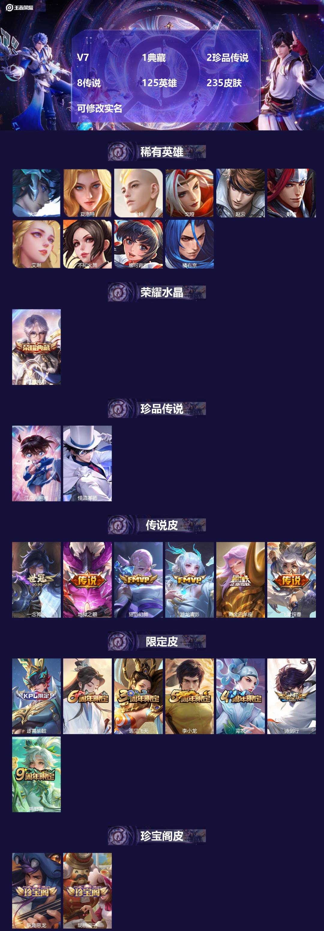 王者荣耀账号安卓QQ[14029235]V7 1典藏 2珍品传说 8传说 125英雄 235皮肤 可修改实名 
【英雄全