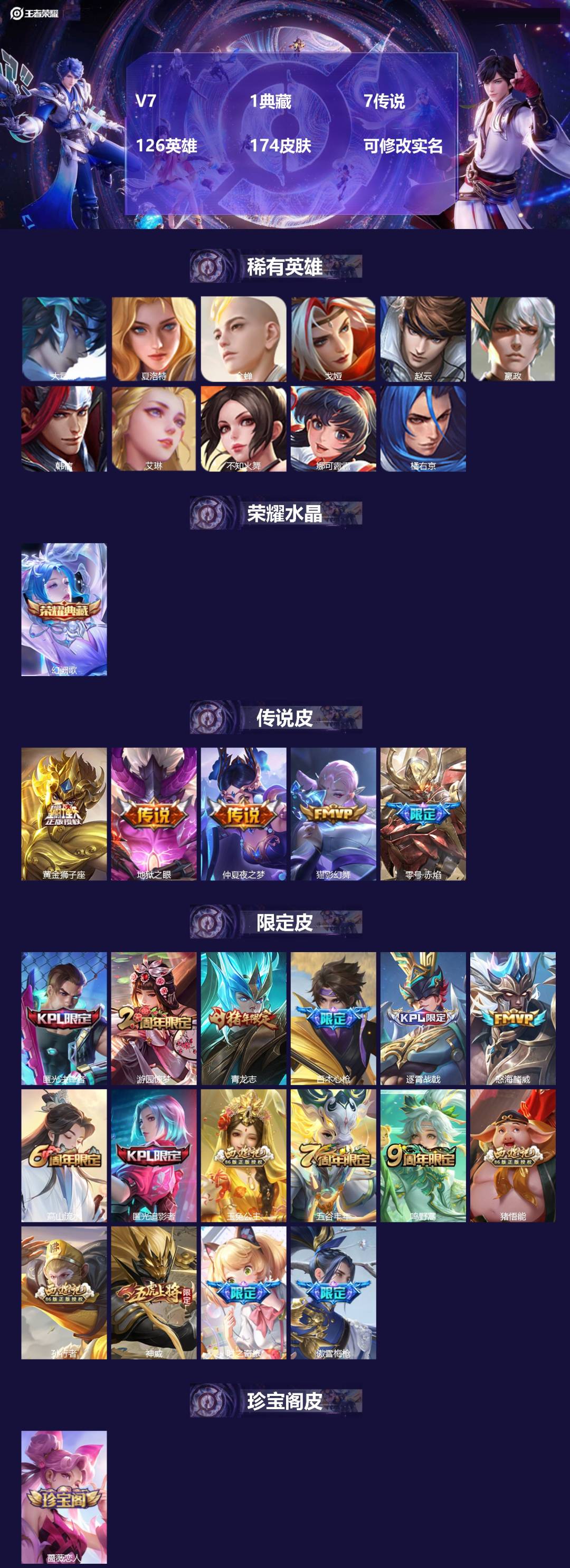 王者荣耀账号安卓VXV7 1典藏 7传说 126英雄 174皮肤 可修改实名 
【稀有英雄】:大司命,嬴政(始皇帝),韩