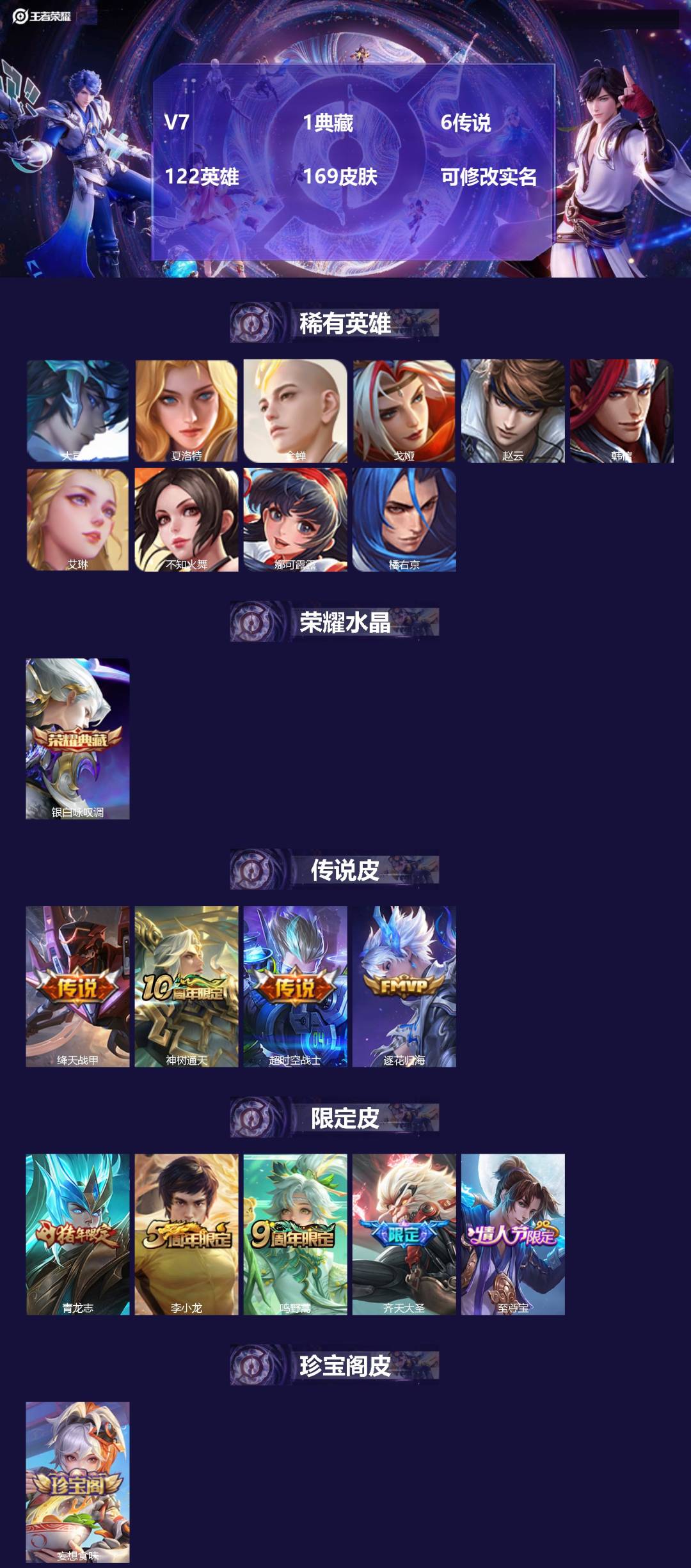 王者荣耀账号安卓QQV7 1典藏 6传说 122英雄 169皮肤 可修改实名 
【稀有英雄】:大司命,韩信(韩跳跳),夏
