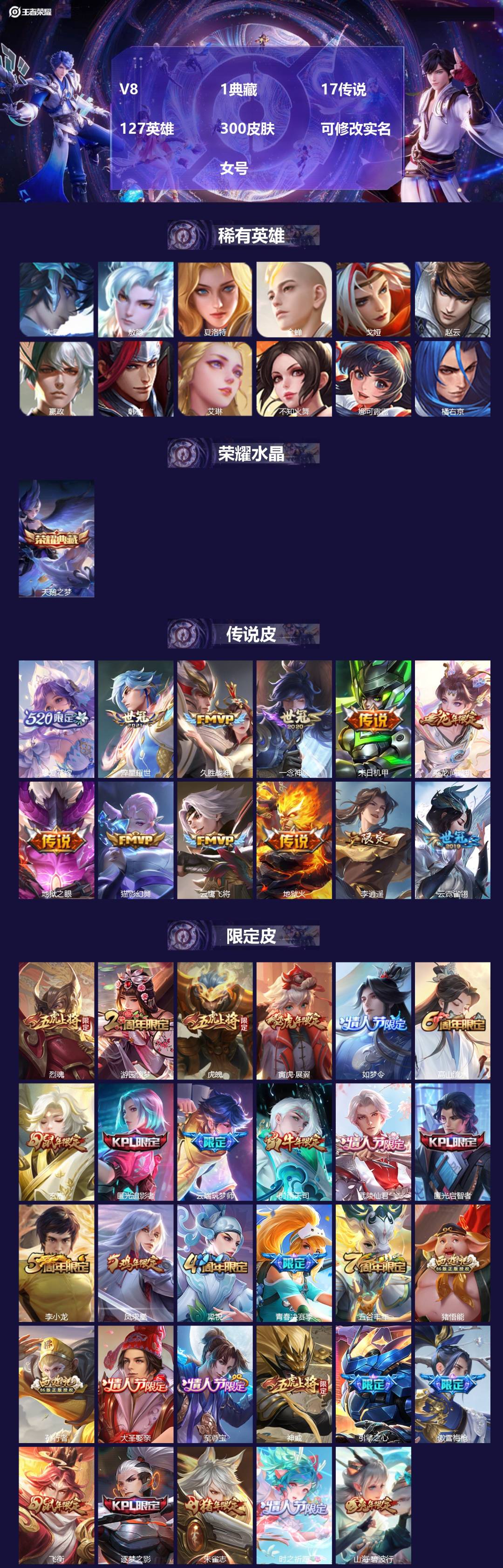 王者荣耀账号苹果QQV8 1典藏 17传说 127英雄 300皮肤 可修改实名  女号
【稀有英雄】:敖隐(小龙人),大